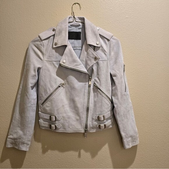 ALL SAINTS Sky Blue Suede Moto Jacket NWOT Sz 2 - Picture 4 of 16